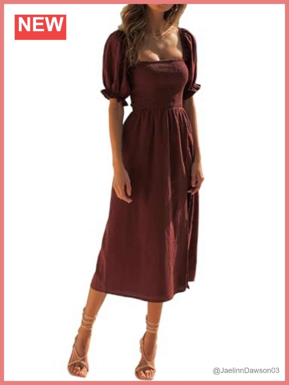 Women's 100% Cotton Square Neck Puff Sleeve Midi Dress Smocked Casual Vacation